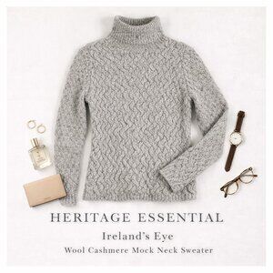 Luxury Irish Knit Sweater Wool Cashmere Pullover Gray Heather Mock Neck Womens S